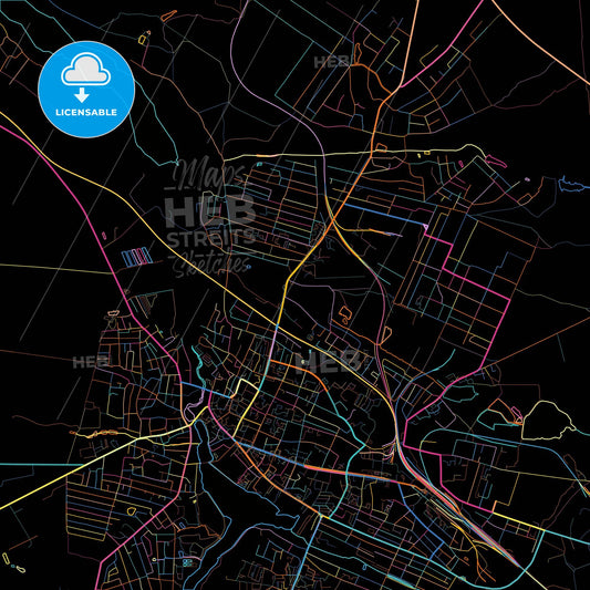 Berdychiv, Zhytomyr Oblast, Ukraine, colorful city map on black background