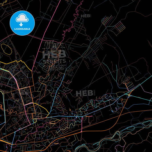 Kalush, Ivano-Frankivsk Oblast, Ukraine, colorful city map on black background