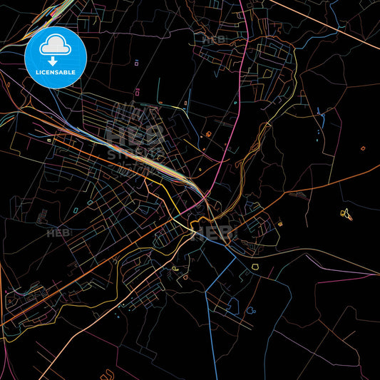Korosten, Zhytomyr Oblast, Ukraine, colorful city map on black background