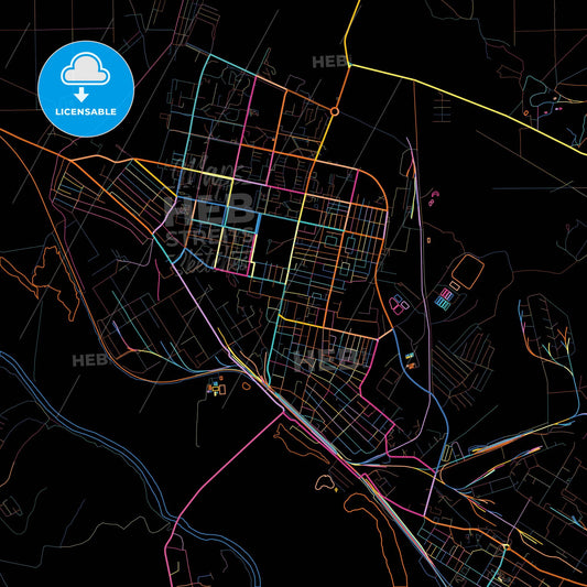Rubizhne, Luhansk Oblast, Ukraine, colorful city map on black background