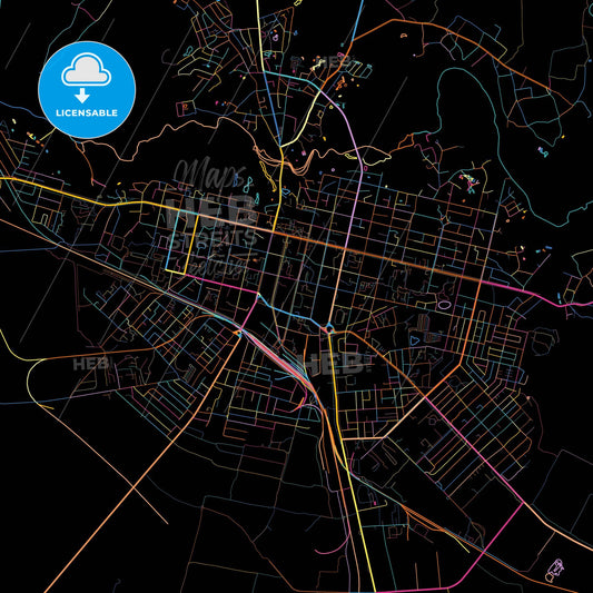 Pryluky, Chernihiv Oblast, Ukraine, colorful city map on black background