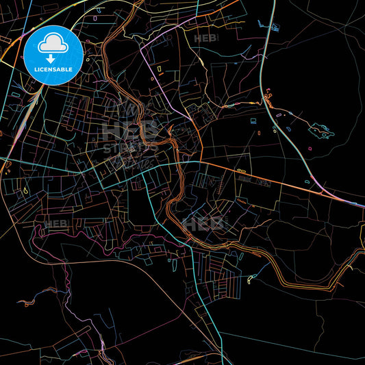 Novohrad-Volynskyi, Zhytomyr Oblast, Ukraine, colorful city map on black background