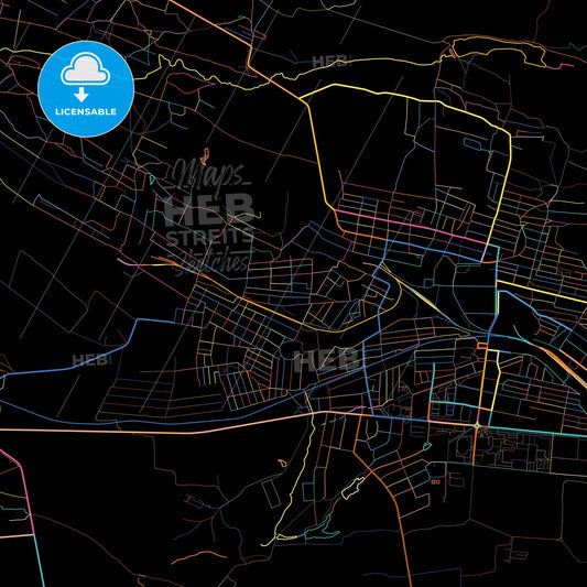 Shakhtarsk, Donetsk Oblast, Ukraine, colorful city map on black background