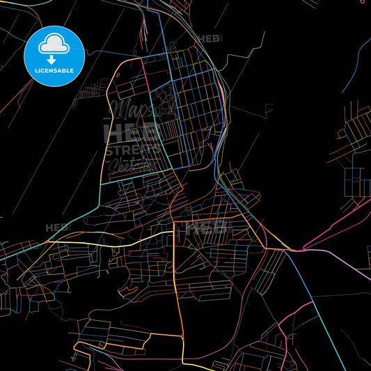 Snizhne, Donetsk Oblast, Ukraine, colorful city map on black background