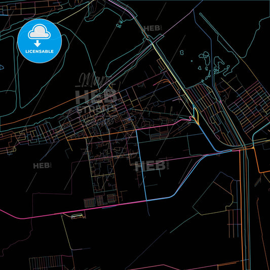 Nova Kakhovka, Kherson Oblast, Ukraine, colorful city map on black background