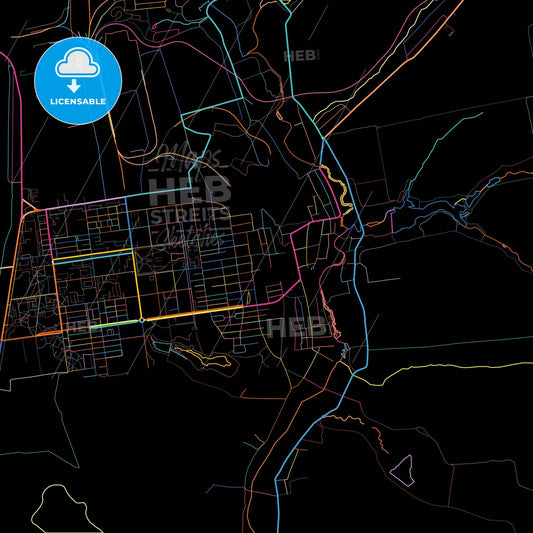 Zhovti Vody, Dnipropetrovsk Oblast, Ukraine, colorful city map on black background