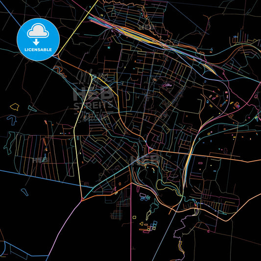 Shepetivka, Khmelnytskyi Oblast, Ukraine, colorful city map on black background
