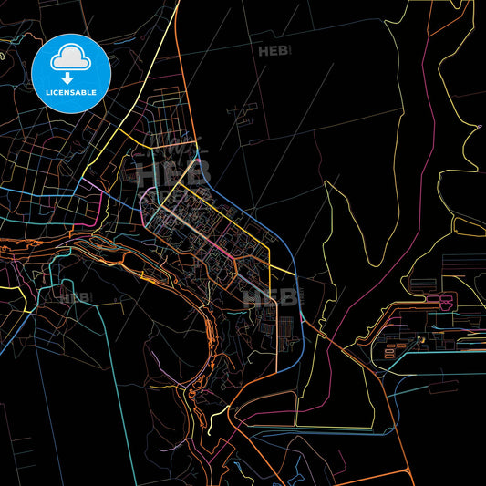 Yuzhnoukrainsk, Mykolaiv Oblast, Ukraine, colorful city map on black background