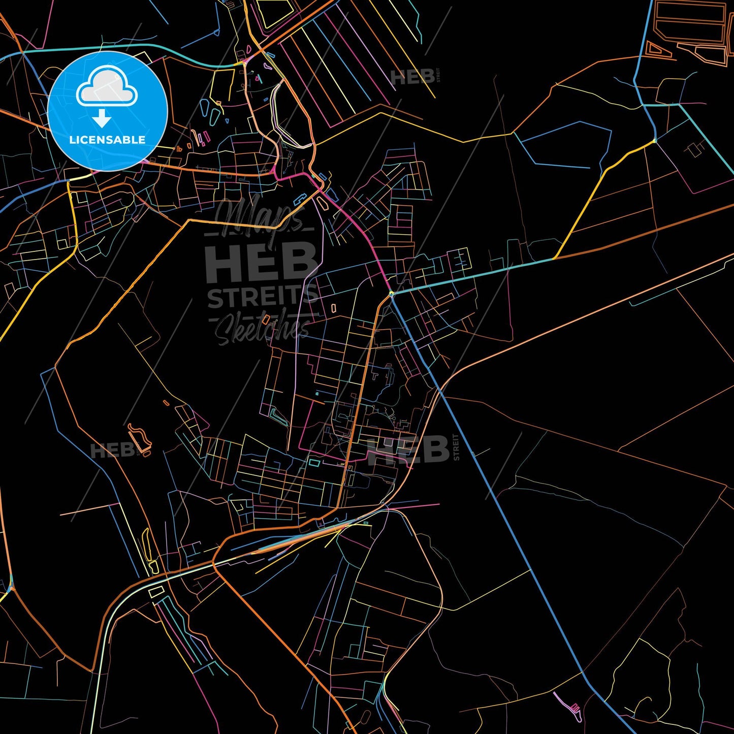 Dubno, Rivne Oblast, Ukraine, colorful city map on black background