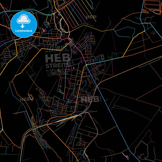 Dubno, Rivne Oblast, Ukraine, colorful city map on black background