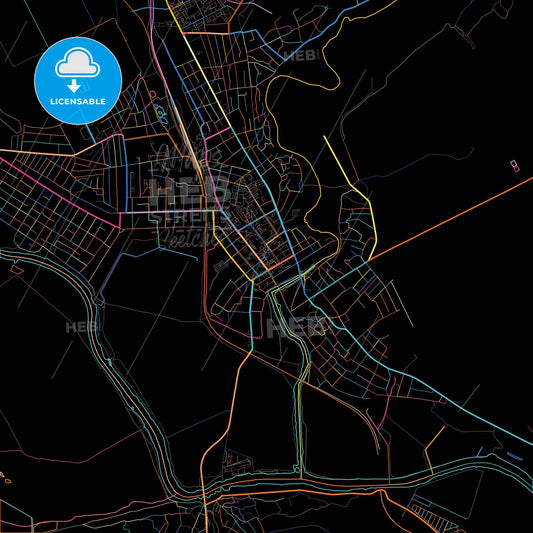 Voznesensk, Mykolaiv Oblast, Ukraine, colorful city map on black background
