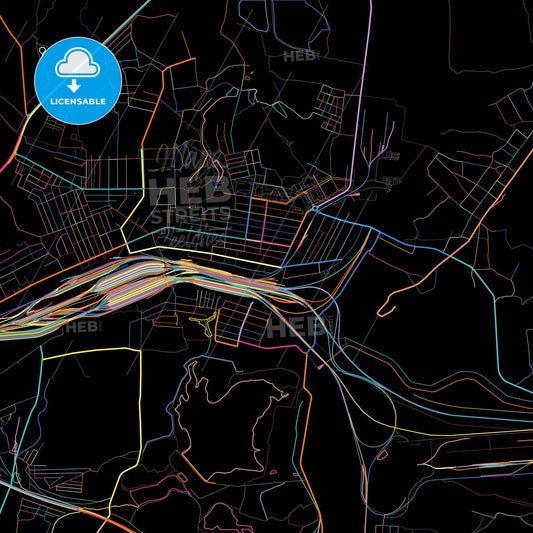 Yasynuvata, Donetsk Oblast, Ukraine, colorful city map on black background