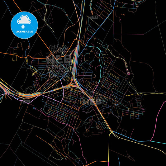 Zhmerynka, Vinnytsia Oblast, Ukraine, colorful city map on black background
