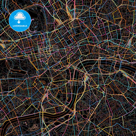 London, Greater London, England, colorful city map on black background