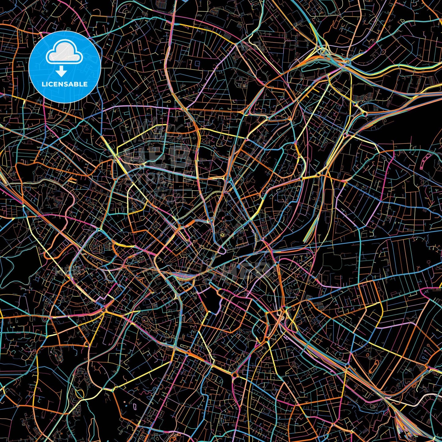 Birmingham, West Midlands, England, colorful city map on black background