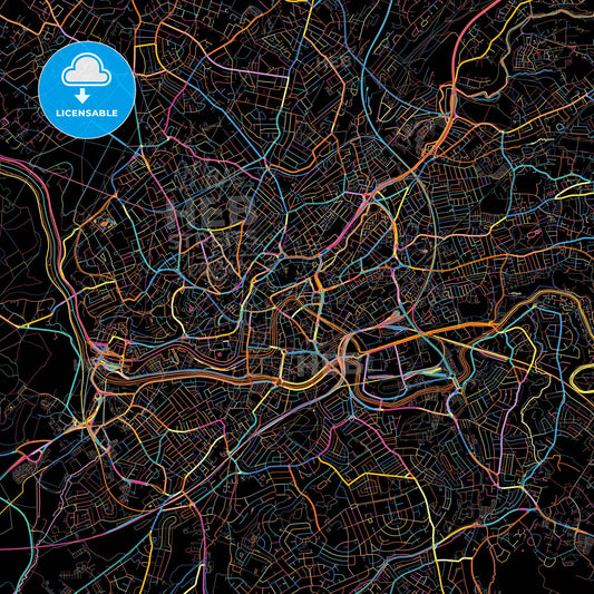 Bristol, South West England, England, colorful city map on black background