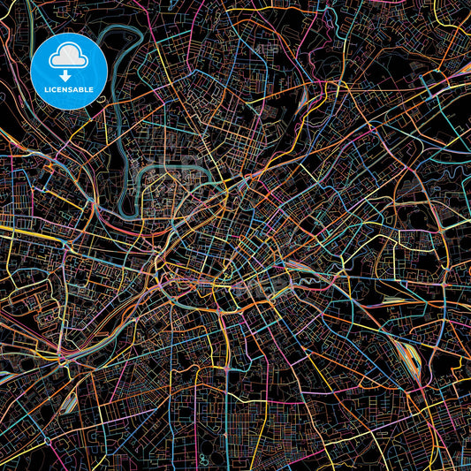 Manchester, North West England, England, colorful city map on black background