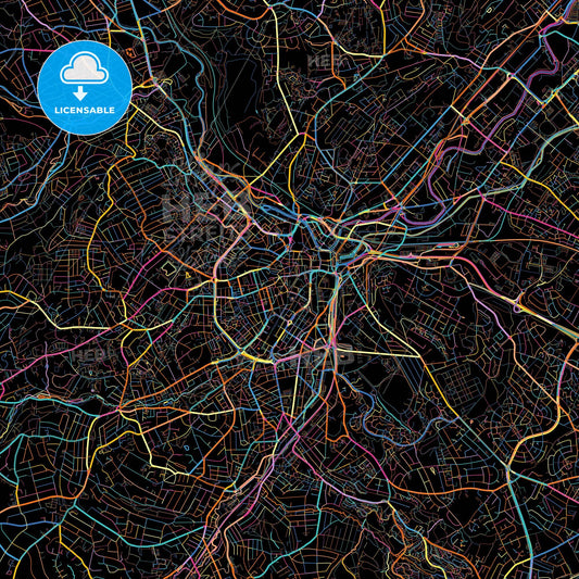 Sheffield, Yorkshire and the Humber, England, colorful city map on black background