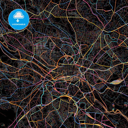 Leeds, Yorkshire and the Humber, England, colorful city map on black background