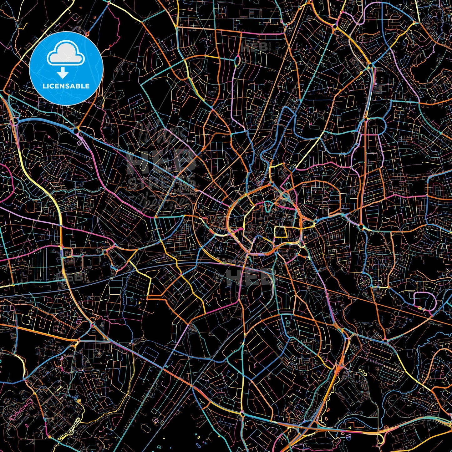 Coventry, West Midlands, England, colorful city map on black background