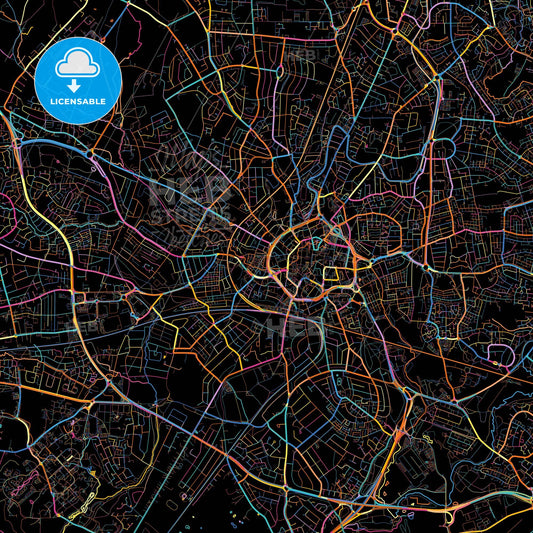 Coventry, West Midlands, England, colorful city map on black background