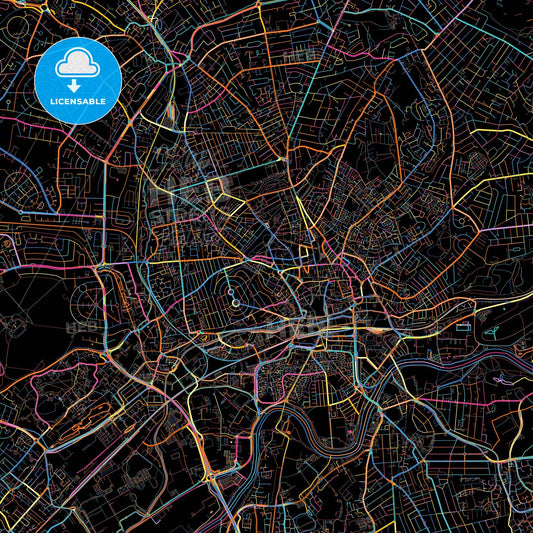 Nottingham, East Midlands, England, colorful city map on black background