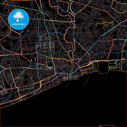 Kingston upon Hull, Yorkshire and the Humber, England, colorful city map on black background
