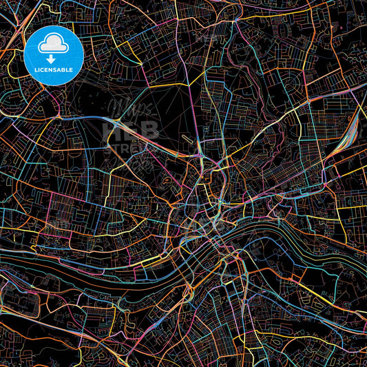 Newcastle upon Tyne, North East England, England, colorful city map on black background