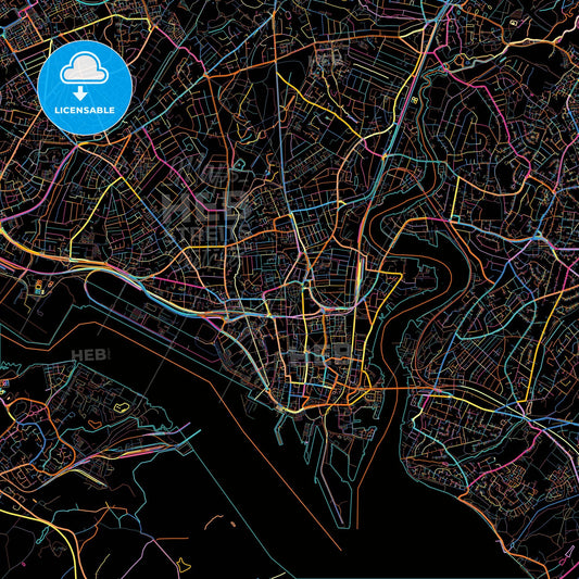 Southampton, South East England, England, colorful city map on black background
