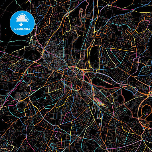 Derby, East Midlands, England, colorful city map on black background