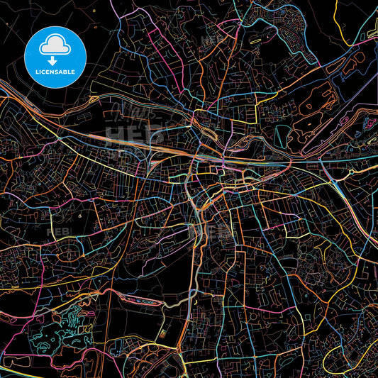Reading, South East England, England, colorful city map on black background