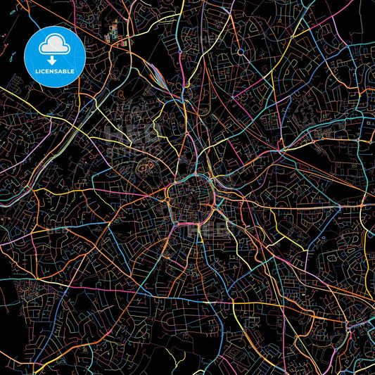 Wolverhampton, West Midlands, England, colorful city map on black background
