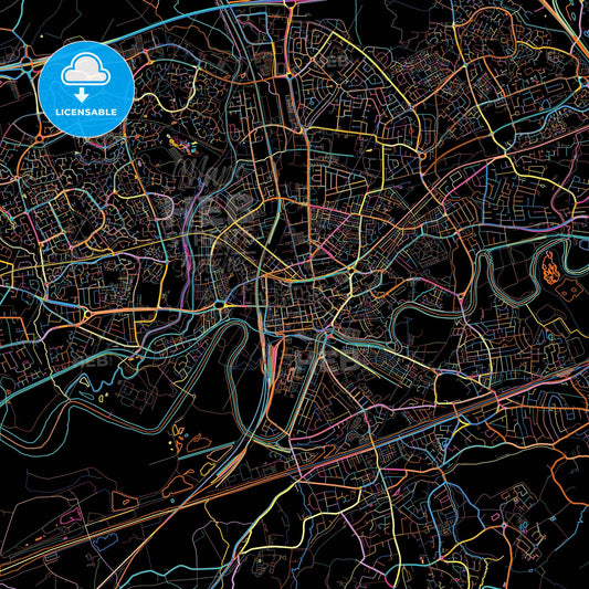 Warrington, North West England, England, colorful city map on black background