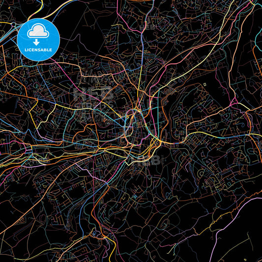 Huddersfield, Yorkshire and the Humber, England, colorful city map on black background