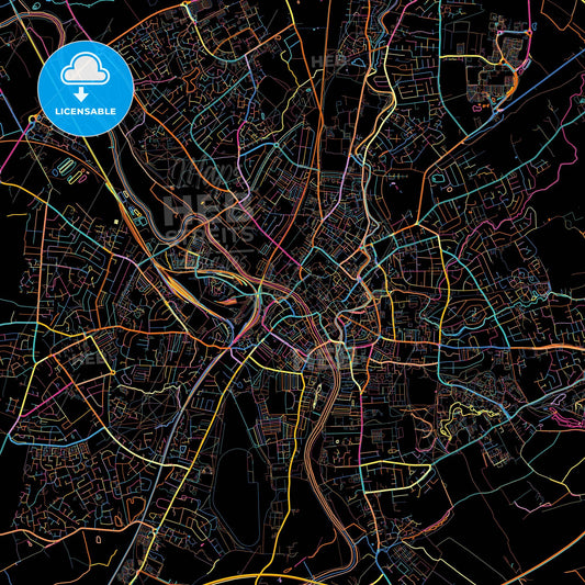 York, Yorkshire and the Humber, England, colorful city map on black background