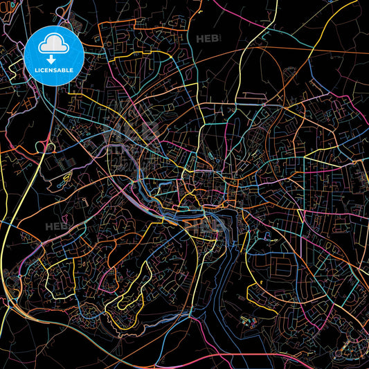Ipswich, East of England, England, colorful city map on black background