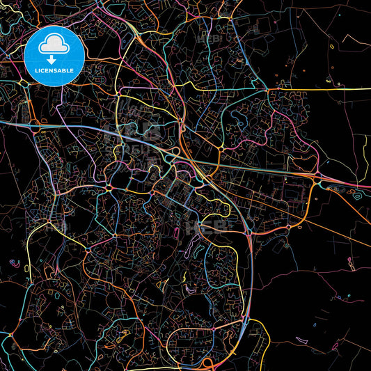 Telford, West Midlands, England, colorful city map on black background