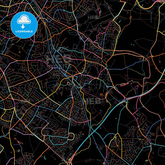 Solihull, West Midlands, England, colorful city map on black background