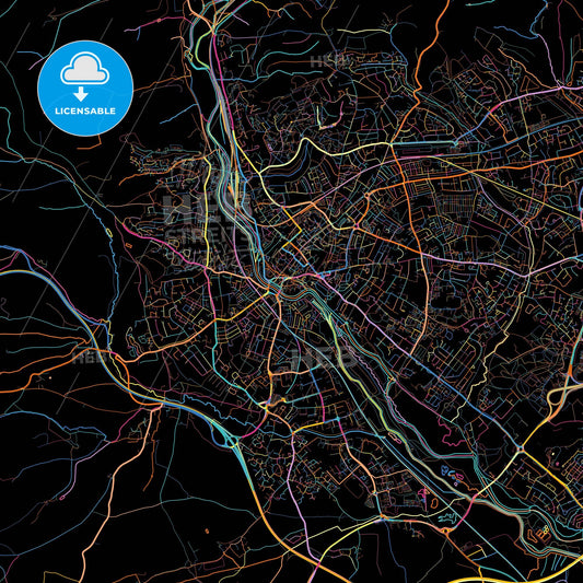 Exeter, South West England, England, colorful city map on black background