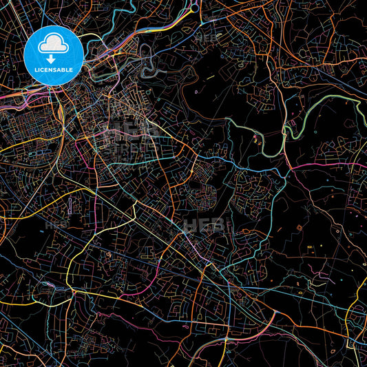 Stockport, North West England, England, colorful city map on black background