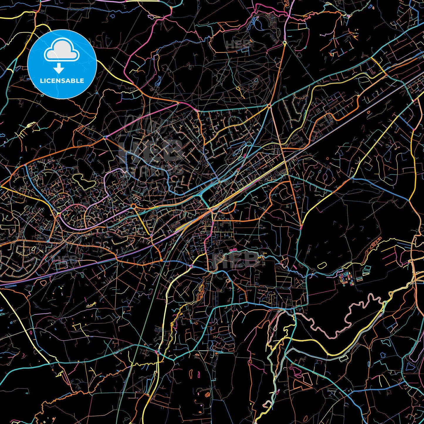 Woking, South East England, England, colorful city map on black background