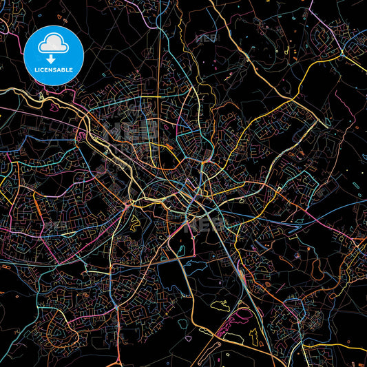 Wigan, North West England, England, colorful city map on black background