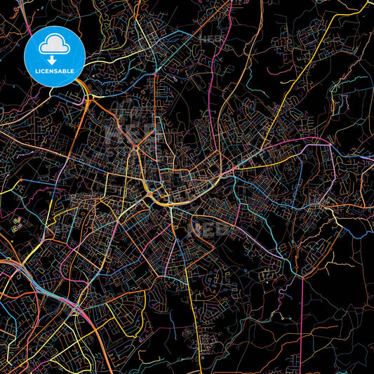 Oldham, North West England, England, colorful city map on black background