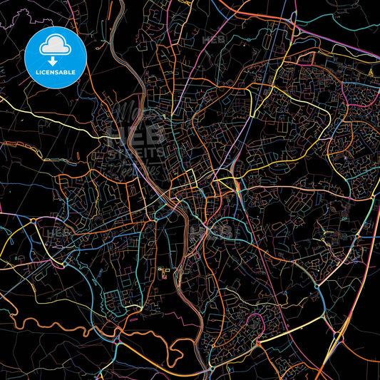 Worcester, West Midlands, England, colorful city map on black background