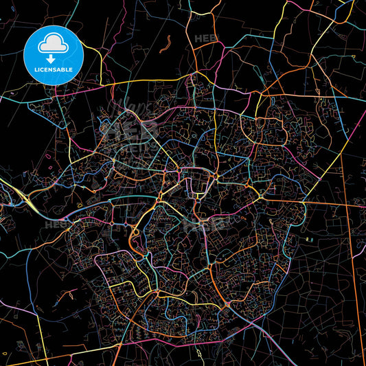 Bracknell, South East England, England, colorful city map on black background