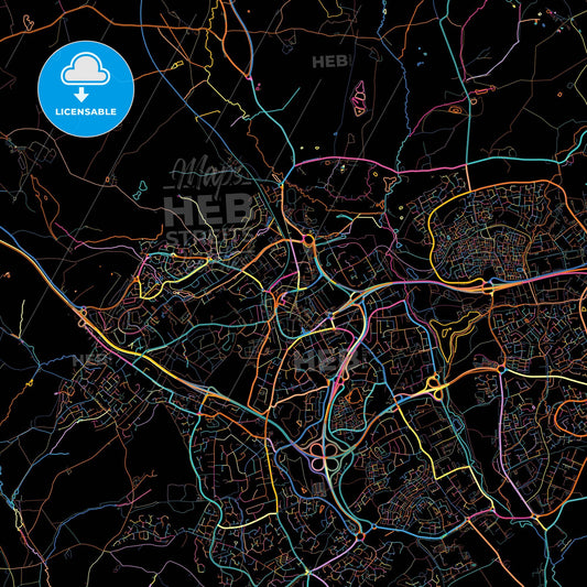 Redditch, West Midlands, England, colorful city map on black background