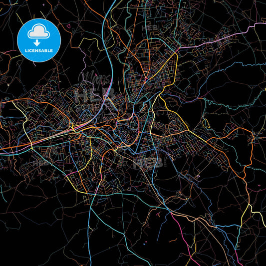 Burnley, North West England, England, colorful city map on black background