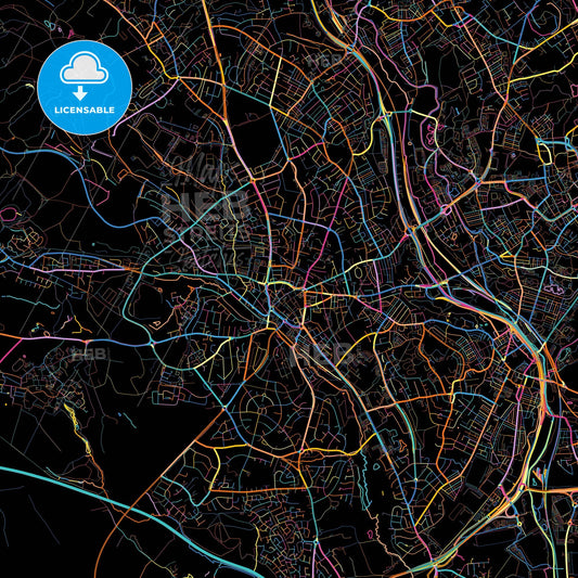 Newcastle-under-Lyme, West Midlands, England, colorful city map on black background