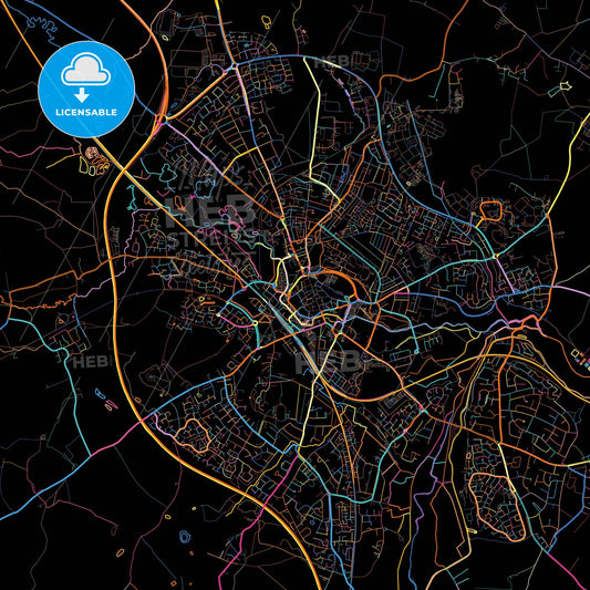 Stafford, West Midlands, England, colorful city map on black background