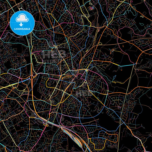 Walsall, West Midlands, England, colorful city map on black background